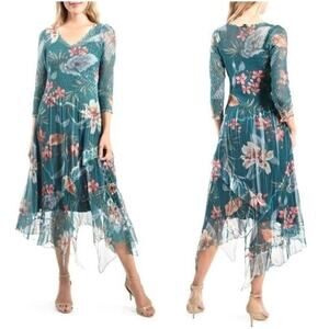Komarov Teal Crinkle Dress 3/4 Sleeve Midi V-neck Lace Floral Cocktail Large B10